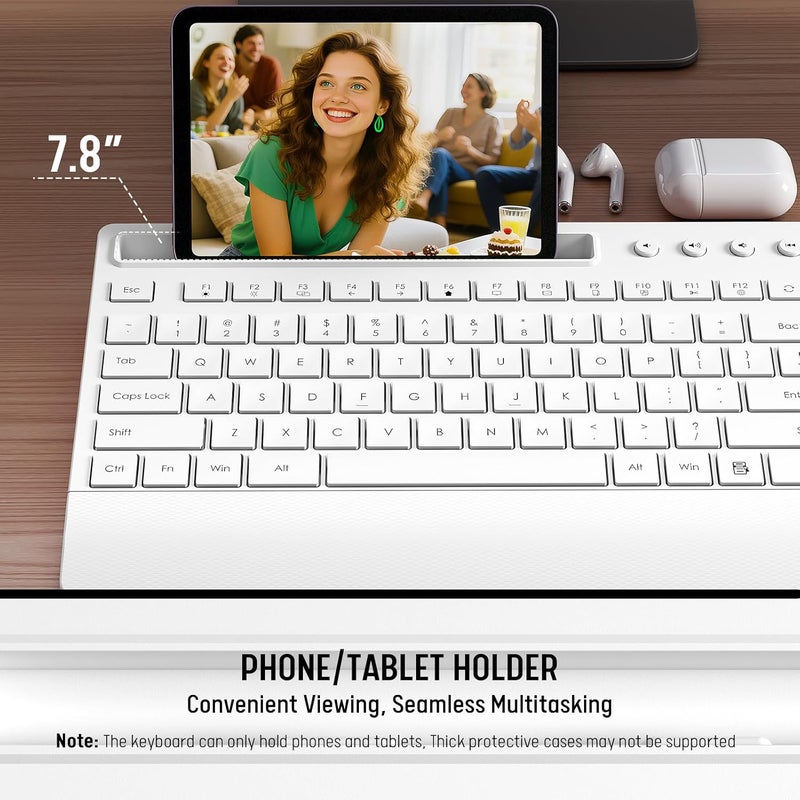 Trueque White Wireless Keyboard and Mouse Combo - Full-Size Quiet Keyboards with Palm Rest, Phone Holder, Multimedia Keys, Batteries Included, Office Key Board Compatible with Windows, PC, Laptop - - Image 3